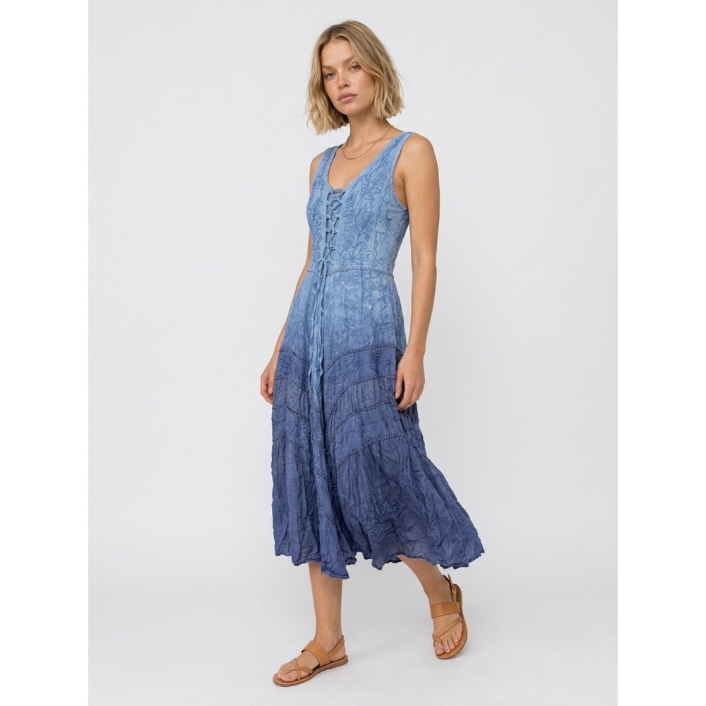 Fairy Embroidered Lace Up Midi Dress Boho Tiered Smocked Back Renascence